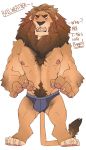 2019 anthro black_nose blush body_hair bulge chest_hair claws clothing disney english_text felid fur hanzotitmada happy_trail hi_res leodore_lionheart lion male mammal muscular muscular_male nipples open_mouth pantherine pecs sharp_teeth simple_background solo teeth text underwear white_background zootopia 