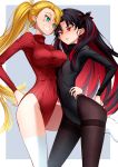  2girls bangs black_hair black_legwear black_leotard blonde_hair blush breasts calamity_jane_(fate/grand_order) cluseller covered_navel earrings facial_tattoo fate/grand_order fate_(series) fingerless_gloves glaring gloves green_eyes grin hand_on_hip highleg highleg_leotard highres hoop_earrings horns jewelry large_breasts leotard long_hair long_sleeves multicolored_hair multiple_girls navel open_mouth pantyhose parted_bangs red_eyes red_hair red_leotard ribbed_leotard ribbon side_ponytail small_breasts smile space_ishtar_(fate) star_tattoo sweater tattoo thighband_pantyhose thighs turtleneck turtleneck_leotard turtleneck_sweater two-tone_hair two_side_up very_long_hair 