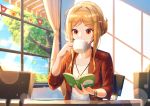  1girl absurdres awning blonde_hair blurry book bracelet chair cup curtains day depth_of_field drinking eyebrows_visible_through_hair glass hair_bun hair_up heart highres holding holding_book holding_cup huge_filesize idolmaster idolmaster_million_live! idolmaster_million_live!_theater_days indoors jacket jewelry long_hair mazeru_(oekaki1210) momose_rio open_book pendant plate reading red_eyes sidelocks sitting solo string_of_flags table tree upper_body window window_shade 