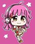  1girl ahoge artist_name bangs blush_stickers boots chibi flower full_body hair_flower hair_ornament headphones jacket long_hair looking_at_viewer love_live! love_live!_school_idol_festival_all_stars no_mask outline perfect_dream_project pink_background pink_hair pink_neckwear red_flower short_sleeves skirt smile solo spoilers standing standing_on_one_leg star tennouji_rina v van_springfield white_outline yellow_eyes 