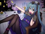  1girl artist_name bat black_gloves black_legwear blue_dress blue_fire candle candy chair crescent_moon cup cupcake dated dress fire follow_dreams food ghost gloves hair_between_eyes hair_ornament hair_ribbon halloween hatsune_miku highres jack-o&#039;-lantern lollipop long_hair looking_at_viewer moon mouth_hold night outdoors outstretched_arm pantyhose ribbon sitting skull_hair_ornament solo swirl_lollipop table tablecloth teacup teapot tombstone twintails very_long_hair vocaloid 