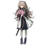  1girl alternate_costume ascot bag bangs black_dress boots brown_eyes collared_dress cross-laced_footwear crossed_bangs crying crying_with_eyes_open curly_hair dress frown full_body girls_frontline grey_hair gun h&amp;k_ump h&amp;k_ump45 hair_between_eyes hair_ornament heckler_&amp;_koch holding holding_bag infukun lace-up_boots long_hair looking_at_viewer official_art one_side_up pantyhose purple_footwear purple_neckwear scar scar_across_eye shoulder_bag submachine_gun tears torn_clothes transparent_background two-tone_dress ump45_(girls_frontline) weapon weapon_on_back white_dress white_legwear younger 