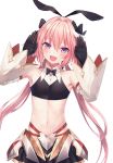  1boy abandon_ranka astolfo_(fate) astolfo_(saber)_(fate) bangs black_bow black_gloves black_ribbon blush bow bowtie collarbone commentary_request detached_sleeves eyebrows_visible_through_hair fang fate/grand_order fate_(series) gloves hair_bow hair_intakes hair_ribbon highres long_hair long_sleeves looking_at_viewer multicolored_hair navel otoko_no_ko pink_hair purple_eyes ribbon simple_background skin_fang skirt smile solo streaked_hair twintails white_background white_hair 