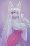  2019 anthro asian_clothing big_breasts black_nose breasts canid canine chest_tuft cleavage clothed clothing cute_fangs east_asian_clothing female fox hair hi_res japanese_clothing long_hair mammal miko_outfit red_eyes shrine_maiden silver_hair simple_background solo tuft ultrabondagefairy 