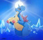  5_fingers absurd_res anthro big_breasts big_butt blue_body blue_skin breasts butt female fingers glacier hi_res horn ice iguanasarecool invalid_tag lapras nintendo nipples open_mouth outside pok&eacute;mon pok&eacute;mon_(species) shell slightly_chubby solo thick_thighs video_games water wet wide_hips 