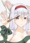  1girl applying_makeup bangs blush breasts cleavage fingernails flower green_ribbon hairband holding kantai_collection lips long_hair makeup mascara mascara_wand nello_(luminous_darkness) pink_eyes pink_flower red_hairband ribbon shoukaku_(kantai_collection) smile solo tulip upper_body white_hair 