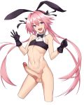  1boy absurdres astolfo_(fate) astolfo_(saber)_(fate) bangs bare_shoulders black_bow black_gloves black_neckwear black_ribbon black_shirt blush bottomless bow bowtie crop_top erection fang fate/grand_order fate_(series) gloves hair_between_eyes hair_bow hair_intakes hair_ribbon highres long_hair looking_at_viewer low_twintails multicolored_hair navel nekosama_shugyouchuu open_mouth otoko_no_ko penis pink_hair purple_eyes ribbon shirt simple_background smile solo streaked_hair testicles thighs twintails uncensored white_background white_hair wing_collar 