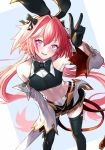  1boy astolfo_(fate) astolfo_(saber)_(fate) bangs bare_shoulders black_bow black_gloves black_legwear black_ribbon blush bow bowtie commentary_request fate/grand_order fate_(series) gloves hair_bow hair_intakes hair_ribbon hyuu_(sing-dog) long_hair long_sleeves looking_at_viewer multicolored_hair navel otoko_no_ko pink_hair purple_eyes ribbon simple_background skirt smile solo streaked_hair thighhighs twintails v very_long_hair white_hair 
