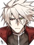  1boy ahoge blazblue empty_eyes green_eyes heterochromia jacket long_hair male_focus ragna_the_bloodedge red_eyes roas01b silver_hair solo turtleneck upper_body white_hair 