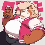  1:1 2019 anthro bakedanooki belly bottomwear canid canine clothing cute_fangs hi_res humanoid_hands japanese_text male mammal overweight overweight_male pants raccoon_dog shirt solo tanuki text topwear 