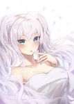 1girl bangs bare_shoulders blue_eyes blush breasts character_request cleavage collarbone dress eyebrows_visible_through_hair finger_to_mouth g_home long_hair long_sleeves maplestory medium_breasts off-shoulder_dress off_shoulder parted_lips petals sidelocks silver_hair simple_background smile solo twintails white_background white_dress 