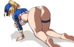  1girl ahoge all_fours arm_grab artoria_pendragon_(all) ass ayakumo back bangs barefoot baseball_cap bikini blonde_hair blue_eyes blue_headwear blue_jacket blush breasts censored commentary crotch_seam dutch_angle eyebrows_visible_through_hair fate/grand_order fate_(series) from_behind hat jacket kneepits legs long_sleeves looking_at_viewer looking_back medium_hair mosaic_censoring mysterious_heroine_xx_(foreigner) ponytail shadow shrug_(clothing) simple_background solo swimsuit thigh_strap white_background white_bikini wristband 
