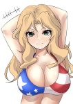  1girl alternate_eye_color american_flag american_flag_bikini arms_behind_head arms_up artist_name bikini blonde_hair breasts cleavage closed_mouth commentary flag_print girls_und_panzer green_eyes hair_intakes highres kakimoto_nao kay_(girls_und_panzer) large_breasts long_hair looking_at_viewer signature simple_background smile solo swimsuit upper_body white_background 