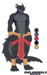  2019 abs anthro clothing grey_body grey_scales hi_res kobold loincloth male muscular muscular_male ovelhadogelo saven_atheross scales scalie simple_background solo yellow_eyes 