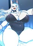  anthro big_breasts blue_eyes blush bow_tie breasts bunny_costume canid canine canis clothed clothing costume curvy_figure domestic_dog fangs female fur hair inside kemono kishibe leotard long_hair mammal open_mouth slightly_chubby smile solo thick_thighs voluptuous white_body white_fur white_hair 
