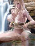  1girl bare_shoulders blonde_hair breasts clothes_lift commentary dress dress_lift english_commentary green_eyes large_breasts lifted_by_self lips long_hair midriff navel panties parted_lips patreon_logo patreon_username pointy_ears princess princess_zelda reflection see-through seiza sitting solo the_legend_of_zelda thighs underwear water waterfall web_address wet white_panties wikusa-da 