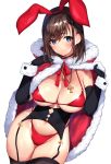  1girl animal_ears ass_visible_through_thighs bangs bikini black_gloves black_legwear blue_eyes blush breasts brown_hair bunny_ears cape christmas cleavage closed_eyes cross cross_necklace elbow_gloves eyebrows_visible_through_hair fake_animal_ears fur-trimmed_cape fur_trim garter_straps gloves jewelry large_breasts matarou_(genkai_toppa) navel necklace original red_bikini red_cape simple_background solo swimsuit thighhighs white_background wrist_cuffs 