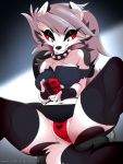  2019 amberpendant anthro bottomwear breasts butt canid canid_demon canine canis cellphone clothed clothing collar demon digital_media_(artwork) female fox fur hair hellhound helluva_boss hi_res legwear loona_(vivzmind) mammal panties phone skirt smile solo topwear underwear white_body white_fur wolf 