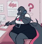  2019 4_fingers ? aimbot-jones alternate_version_at_source anthro belly bottomwear breasts cellphone cleavage clock clothed clothing desk eyelashes eyewear female fingers furniture glasses half-closed_eyes hi_res holding_object inside looking_at_viewer narrowed_eyes nintendo non-mammal_breasts office overweight overweight_female phone pok&eacute;mon pok&eacute;mon_(species) reptile ring salazzle scalie shirt sitting skirt solo thick_tail thick_thighs topwear video_games watch wide_hips 