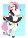  absurd_res anthro anthrofied big_breasts breasts clothing cuffs_(disambiguation) curtsy equid equine female fluttershy_(mlp) friendship_is_magic fur green_eyes hair hi_res huge_breasts legwear long_hair long_tail maid_uniform mammal my_little_pony norithecat pink_hair pterippus simple_background solo stockings uniform wings yellow_body yellow_fur 