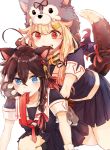  2girls animal_ears arm_support biting black_cape black_legwear black_ribbon black_serafuku black_shirt black_skirt blonde_hair blue_eyes blush breasts brown_hair cape commentary_request ear_biting fang gloves hair_between_eyes hair_flaps hair_ornament hair_over_shoulder hair_ribbon hairclip highres kantai_collection kazuhito_(1245ss) kemonomimi_mode kneehighs leaning_forward long_hair looking_at_viewer medium_breasts miniskirt mouth_hold multiple_girls neckerchief paw_gloves paws pleated_skirt red_eyes red_neckwear red_ribbon remodel_(kantai_collection) ribbon sailor_collar school_uniform serafuku shigure_(kantai_collection) shirt short_sleeves skirt tail tail_ribbon teeth v-shaped_eyebrows white_sailor_collar wolf_hood wolf_tail yuri yuudachi_(kantai_collection) 