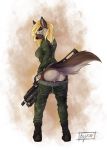  anthro blonde_hair butt canid canine canis clothed clothing digital_media_(artwork) domestic_dog female fingers fully_clothed g36 german german_shepherd glowing glowing_eyes gun hair herding_dog heterochromia hi_res holding_object holding_weapon kizrae looking_at_viewer mammal natasha_klopov nipples nude pastoral_dog pussy ranged_weapon rifle shepherd simple_background smile solo standing uniform uniformed weapon 