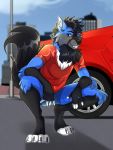  2019 4_fingers black_body black_fur black_hair blue_body blue_fur canid canine canis car crouching digital_media_(artwork) feet fingers fur hair hi_res looking_at_viewer male mammal paws romeo_dog smile solo vehicle wolf 