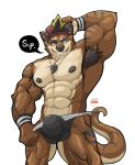 2019 anthro armpit_hair backwards_baseball_cap balls_outline baseball_cap big_bulge big_muscles black_body black_fur black_hair black_nipples black_nose blonde_hair blue_eyes body_hair brown_body brown_fur bulge canid canine canis chin_piercing chirros clothed clothing domestic_dog ear_piercing fur hair hat headgear headwear hi_res hybrid jockstrap kiasano kyo_(kiasano) looking_at_viewer lutrine male mammal multicolored_body multicolored_fur multicolored_hair muscular muscular_male mustelid nipple_piercing nipples piercing simple_background smile solo speech_bubble standing topless underwear white_background 