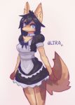  2019 anthro apron black_hair black_nose blue_eyes breasts brown_body brown_fur canid canine canis choker clothing dress female fur hair hi_res jackal jewelry maid_uniform mammal necklace simple_background smile solo ultrabondagefairy uniform white_background xenon_archer 