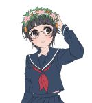  1girl arm_up bangs bespectacled black-framed_eyewear black_hair blue_sailor_collar blue_skirt blunt_bangs brown_eyes closed_mouth commentary_request eyebrows_visible_through_hair flower flower_wreath glasses head_wreath highres light_blush long_sleeves naguramu neckerchief orange_flower pink_flower pleated_skirt red_neckwear round_eyewear sailor_collar sakugawa_school_uniform school_uniform serafuku short_hair simple_background skirt smile solo to_aru_kagaku_no_railgun to_aru_majutsu_no_index uiharu_kazari upper_body white_background white_flower 