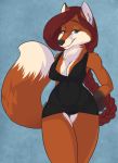  auburn_hair black_clothing black_dress blue_eyes braided_hair breasts camel_toe canid canine cleavage clothed clothing dipstick_tail dress female fluffy fluffy_tail fox hair hi_res long_hair looking_at_viewer mammal mtpcrew multicolored_tail smile solo 