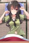  1girl absurdres belly_peek black_hair blush braid breasts eyebrows_visible_through_hair hair_between_eyes hair_down hair_over_shoulder hibiki_zerocodo highres kantai_collection kitakami_(kantai_collection) kotatsu long_hair lying medium_breasts midriff neckerchief on_back one_eye_closed pillow purple_eyes remodel_(kantai_collection) school_uniform serafuku sidelocks table 