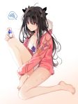  1girl akao_ppai bangs bare_legs barefoot bite_mark black_hair black_ribbon breasts bug_bite cleavage earrings eyebrows_visible_through_hair fate/grand_order fate_(series) full_body fur-trimmed_hood fur_trim hair_ribbon highres hood hoodie hoop_earrings ishtar_(swimsuit_rider)_(fate) jacket jewelry leg_hug long_hair long_sleeves medium_breasts one-piece_swimsuit open_clothes open_hoodie parted_bangs pink_hoodie pink_jacket red_eyes ribbon solo swimsuit two_side_up white_swimsuit 