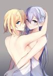  2girls :o aqua_eyes bangs bare_shoulders blonde_hair blue_eyes blush braid breast_press breasts elf french_braid gradient gradient_background hair_between_eyes highres hug irohasu large_breasts long_hair looking_at_viewer medium_breasts multiple_girls original pointy_ears purple_hair short_hair sidelocks simple_background smile symmetrical_docking 