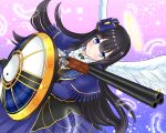  1girl angel_wings black_hair blue_eyes feathers gun hair_ribbon halo highres noto-kanna ribbon ryouki_(senran_kagura) senran_kagura senran_kagura_estival_versus senran_kagura_shoujo-tachi_no_shin&#039;ei shield shotgun weapon wings 