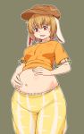 1girl animal_ears bangs belly blonde_hair blush breasts brown_headwear bunny_ears commentary_request cowboy_shot crop_top eyebrows_visible_through_hair flat_cap grey_background hair_between_eyes hat highres kakone medium_breasts midriff navel open_mouth orange_shirt pants plump red_eyes ringo_(touhou) shirt short_hair short_sleeves simple_background solo standing stomach sweat touhou weight_conscious yellow_pants 