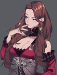  1girl breasts brown_hair cleavage commission dorothea_arnault dress earrings fire_emblem fire_emblem:_three_houses green_eyes grey_background jewelry large_breasts long_hair long_sleeves maplekeurig parted_lips simple_background solo upper_body 
