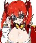  blue_eyes breasts cape detached_collar gem large_breasts last_origin may_of_doom neckerchief pinch_(nesume) red_hair simple_background sketch sunglasses twintails 