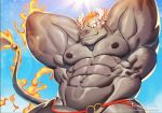  2019 anthro big_muscles black_nipples bovid bovine cattle clothing dsharp_k eyebrows fur grey_body grey_fur gyumao hair horn huge_muscles low-angle_view male mammal muscular muscular_male nipples penis penis_base red_eyes red_hair solo swimwear thick_eyebrows tokyo_afterschool_summoners video_games 