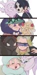  2boys 2girls alcremie black_hair blonde_hair coalossal cursola eyeshadow frosmoth fur_hat gen_8_pokemon gym_leader hat highres long_nose makeup maks makuwa_(pokemon) melon_(pokemon) multiple_boys multiple_girls old_woman onion_(pokemon) open_mouth pokemon pokemon_(creature) pokemon_(game) pokemon_swsh poplar_(pokemon) simple_background smile sunglasses ushanka wim_wim 