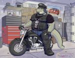  anthro arsinoe bike_(disambiguation) biker car crocodilian facial_hair garage goatee hairy looking_at_viewer male motorcycle muscular picture_frame radio reptile scalie smile smirk solo vehicle wanikami 