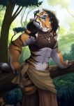  2019 anthro black_hair black_stripes breasts clothed clothing day detailed_background digital_media_(artwork) felid female forest fur grass hair mammal midriff navel orange_body orange_fur outside pantherine small_breasts solo standing striped_body striped_fur stripes tasanko tiger tree 