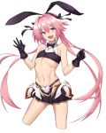  1boy absurdres astolfo_(fate) astolfo_(saber)_(fate) bangs bare_shoulders belt black_bow black_gloves black_neckwear black_ribbon black_shirt black_skirt blush bow bowtie crop_top fang fate/grand_order fate_(series) faulds gloves hair_between_eyes hair_bow hair_intakes hair_ribbon highres long_hair looking_at_viewer low_twintails multicolored_hair navel nekosama_shugyouchuu open_mouth otoko_no_ko pink_hair pleated_skirt purple_eyes ribbon shirt simple_background skirt smile solo streaked_hair thighs twintails white_background white_hair wing_collar 