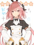  1boy astolfo_(fate) astolfo_(saber)_(fate) bangs black_bow black_dress black_neckwear black_ribbon blush bow bowtie buttons closed_mouth dress fate/grand_order fate_(series) hair_between_eyes hair_bow hair_intakes hair_ribbon juliet_sleeves layered_skirt long_hair long_sleeves looking_at_viewer low_twintails multicolored_hair otoko_no_ko pink_hair puffy_sleeves purple_eyes ribbon simple_background skirt smile solo star streaked_hair twintails white_background white_hair white_skirt wide_sleeves wing_collar younomiti 