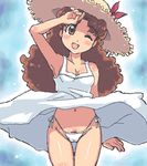  4040_(abonriya) brown_eyes brown_hair dress hat lowres oekaki olive_oyl one_eye_closed panties princess_maker princess_maker_2 pubic_hair side-tie_panties solo underwear wind wind_lift 