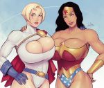  2girls absurdres blonde_hair breasts cleavage cleavage_cutout devilhs highres huge_breasts multiple_girls muscle muscular_female power_girl tiara wonder_woman 