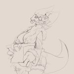  1:1 anthro big_breasts big_hands black_sclera breasts clothed clothing digital_media_(artwork) dragon female flower gf hi_res huge_breasts non-mammal_breasts plant scalie simple_background sketch solo sunny_(gf) thick_thighs 