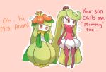  blush bodily_fluids duo english_text flora_fauna humanoid lilligant nintendo orange_eyes pink_background pink_eyes plant pok&eacute;mon pok&eacute;mon_(species) simple_background standing sweat sweatdrop text tsareena unknown_artist video_games 