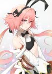  1boy astolfo_(fate) astolfo_(saber)_(fate) bangs bare_shoulders black_bow black_gloves black_neckwear black_ribbon blush bow bowtie fate/grand_order fate_(series) gloves hair_between_eyes hair_bow hair_intakes hair_ribbon highres long_hair long_sleeves looking_at_viewer low_twintails multicolored_hair otoko_no_ko pink_hair purple_eyes ribbon solo streaked_hair twintails unchi_deru_man white_hair wide_sleeves wing_collar 