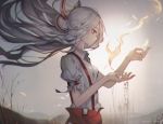  1girl arm_belt artist_name baggy_pants bare_tree blurry bow breasts chromatic_aberration closed_mouth collared_shirt commentary_request depth_of_field fire floating_hair from_side fujiwara_no_mokou grey_sky hair_bow hands_up highres huge_filesize long_hair ofuda pants profile puffy_short_sleeves puffy_sleeves red_eyes red_pants revision shirt short_sleeves silver_hair small_breasts solo sparks suspenders torn_clothes torn_sleeves touhou tree unity_(ekvmsp02) upper_body very_long_hair white_bow white_shirt wing_collar 